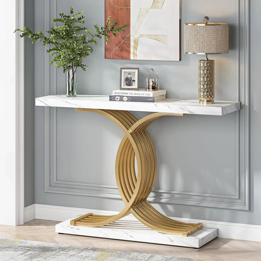 Tribesigns Gold Entryway Table, Modern 39-Inch Console Faux Marble Narrow Wood Sofa with Geometric Metal Legs - She Vibess By C2P