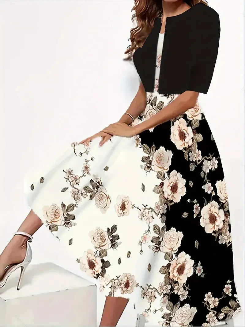 2024 Europe and the United States autumn new women's long dress two-piece set of floral print round neck dress coat women - She Vibess By C2P
