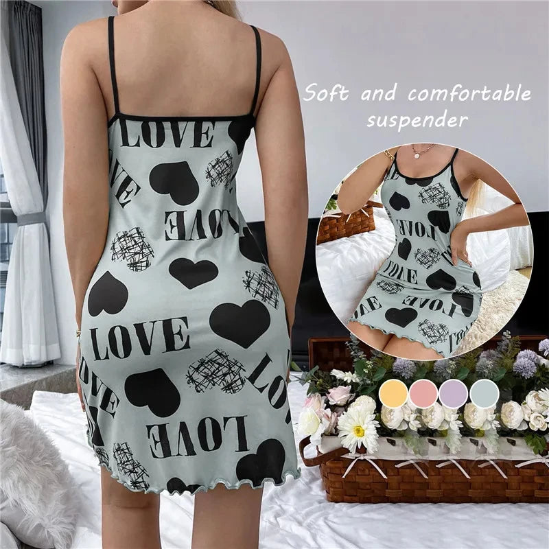 Summer New Women's Nightgown Beauty Back Thin Section Of Home Wear Sexy Halter Short Skirt Love Cartoon Cute Printing Pajamas - She Vibess By C2P