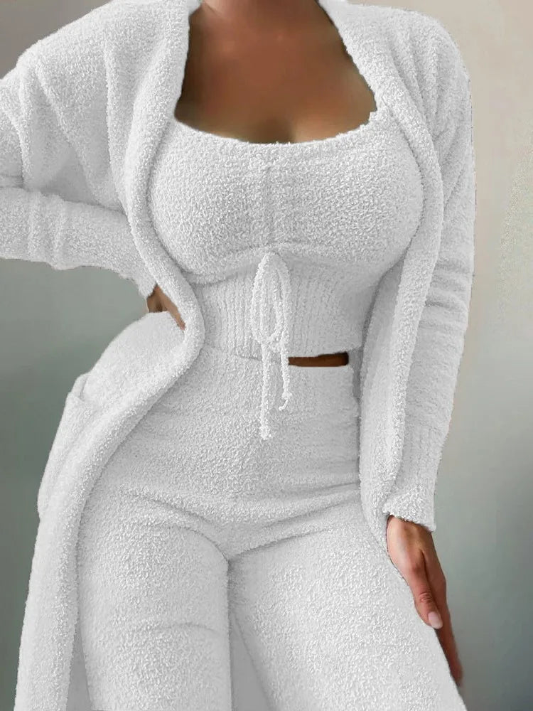 Fashion Plush Lace Up Cardigan 3 Piece Women's Trouser Set Autumn And Winter New Solid Color Asual Warm Home Wear Female Set2025