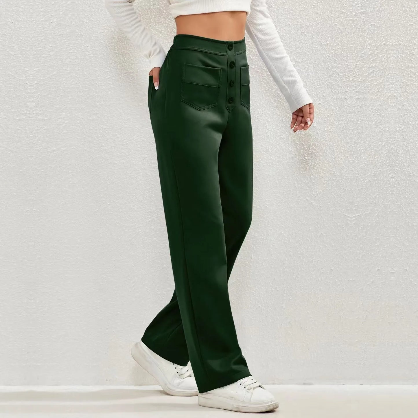 Fashion New Women's Trousers Casual Straight High Waist Button Elastic Daily Office Ladies Multi-Pocket Basic Sweatpants