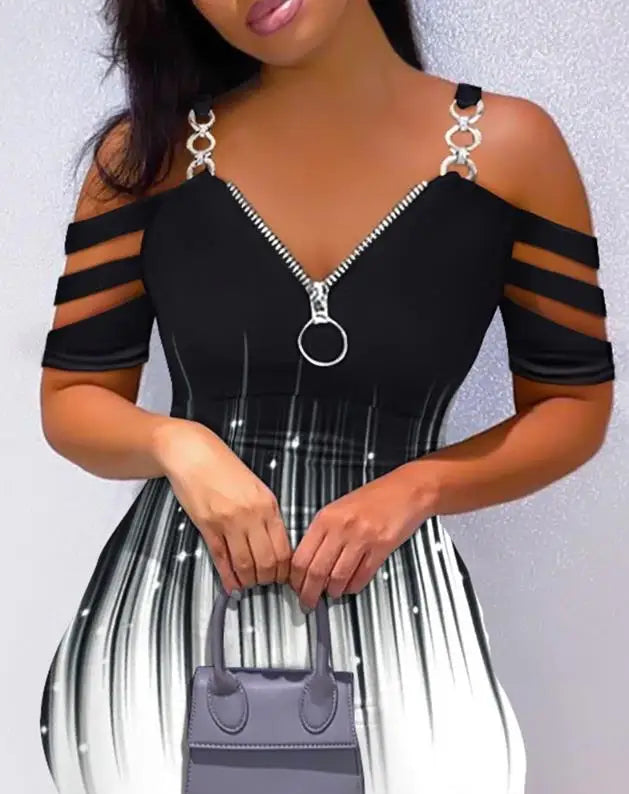 New Fashion 2025 Summer Casual Sexy Colorblock Cold Shoulder Bodycon Skinny Mini Dress Elegant Dresses for Women - She Vibess By C2P