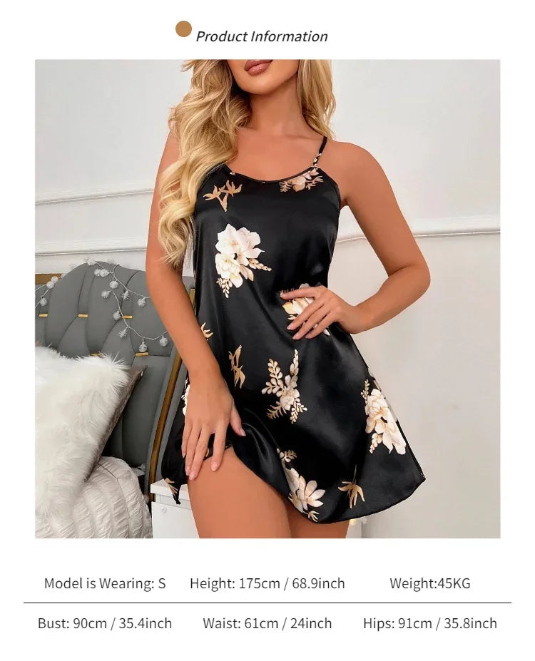 Women Nightwear Home Clothes Sexy Black Floral Printing Nightdress Sleepwear Nightshirts Silk Sleepshirts Nightgowns For Woman - She Vibess By C2P