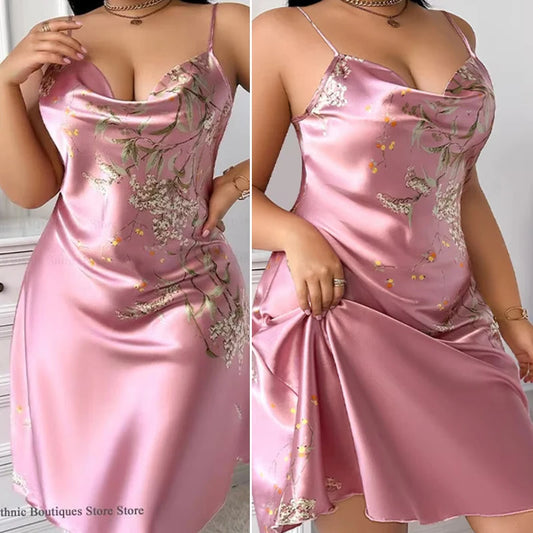 Large Size 5XL Women Suspender Nightgown Home Dress Sexy Print Flower Nightdress Intimate Lingerie Loose Casual Satin Loungewear - She Vibess By C2P