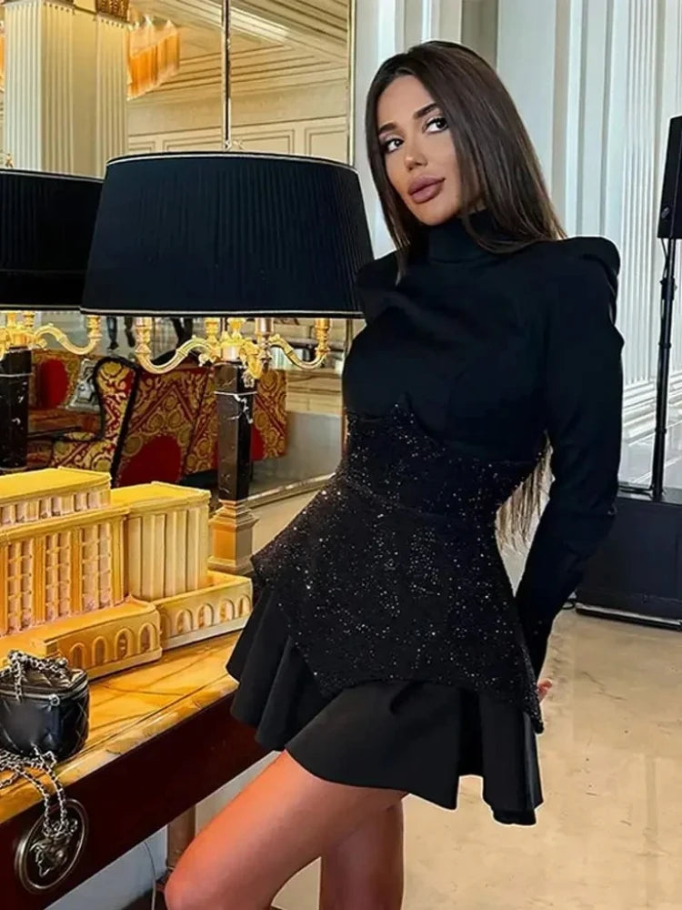 Vestido mini de lujo con cristales y mangas largas, sexy, con cintura brillante y diamantes, corte A, para mujer, color negro, para fiestas de celebridades y noche.