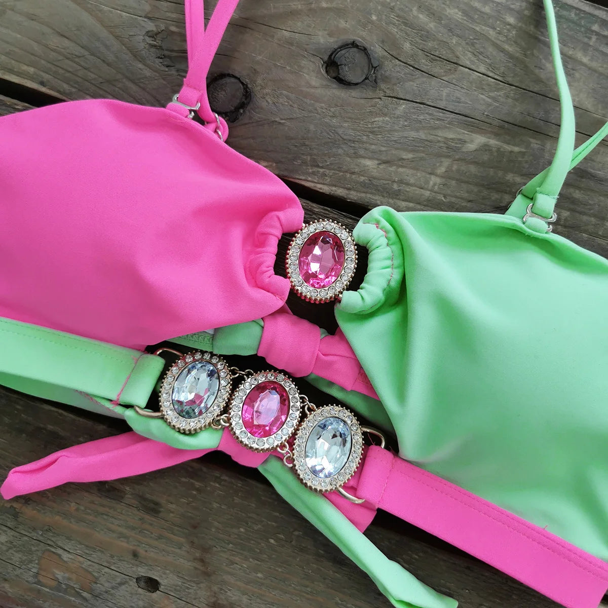 2024 Sexy Rhinestones Brazilian Bikini Woman Swimsuits Crystal Swimwear Bandeau Bikini Thong Biquini Swim Suits Beachwear - She Vibess By C2P
