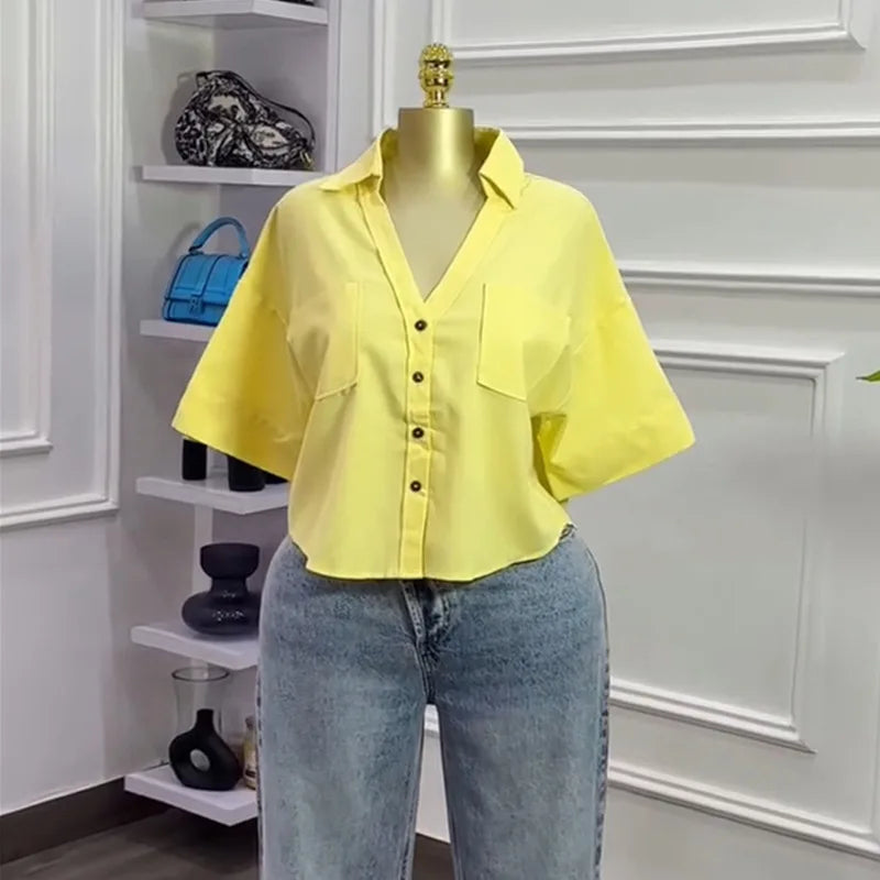CM.YAYA 2025 Fall Autumn Women Half Sleeve Single Breasted Blouse and Shirt V-neck Pockets Street Casual Loose OL Tops Shirts