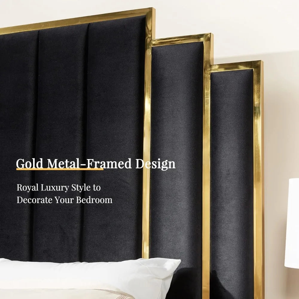 Albott King Size Platform Bed Frame, 65" Velvet Upholstered Bed with Gold Trim Headboard/Wooden Slats/No Box Spring Needed/Black - She Vibess By C2P