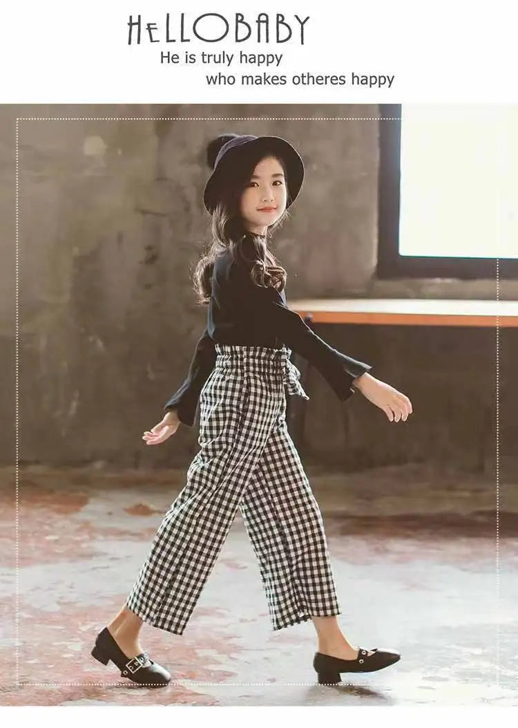 Kids Girls Clothing Sets 2026 Autumn Long Sleeve T-shirts + Plaid Wide Leg Pants 2PCS Children's Clothes Teen 6 8 10 12 14 Years