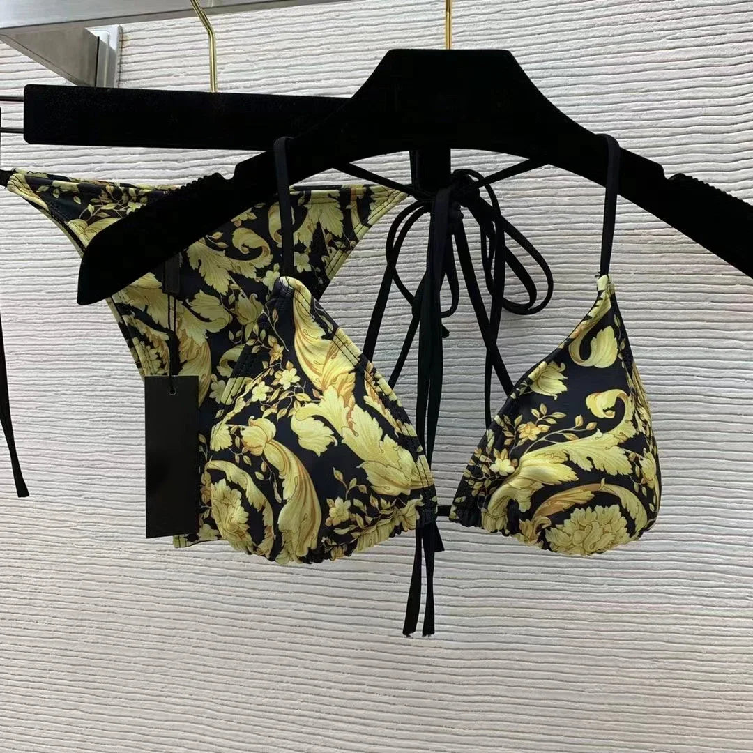 Fashion Design Bikini Sets Women's Gold Flower Pattern Swimsuits Designer Brand Women's Sexy Swimwear Backless Beach Swimsuits - She Vibess By C2P