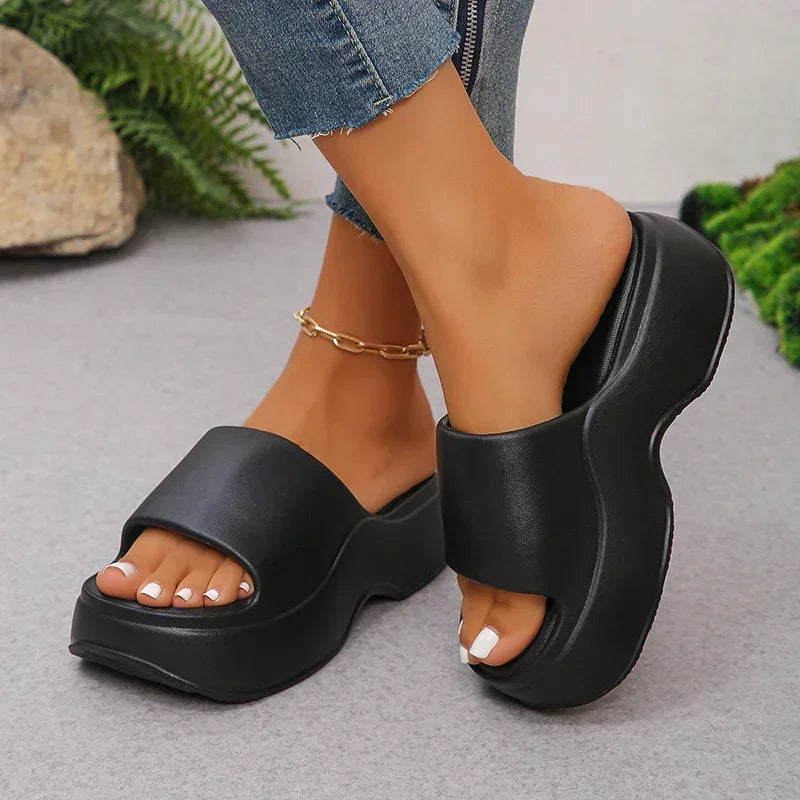 Sandal Wanita Hak Wedges Eva Warna Pink untuk Musim Panas di Pantai, Sandal Platform Wanita untuk Aktivitas Luar Ruangan dengan Sol Lembut, Sepatu Sandal Selop Model Mule Flip Flops