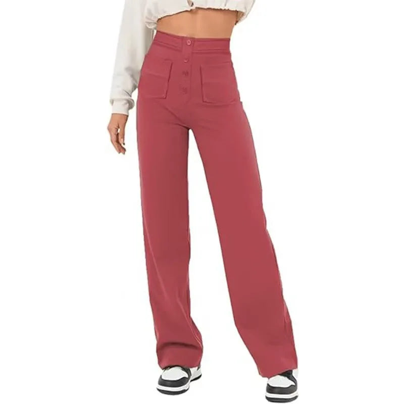 Fashion New Women's Trousers Casual Straight High Waist Button Elastic Daily Office Ladies Multi-Pocket Basic Sweatpants