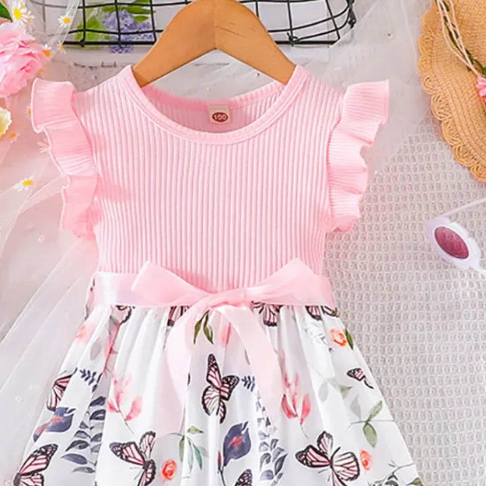 Cute and Comfortable Girls Summer Dress with Butterfly Print and Pitted Stripes Wear Special Occasions Girls Casual Dresses - She Vibess By C2P