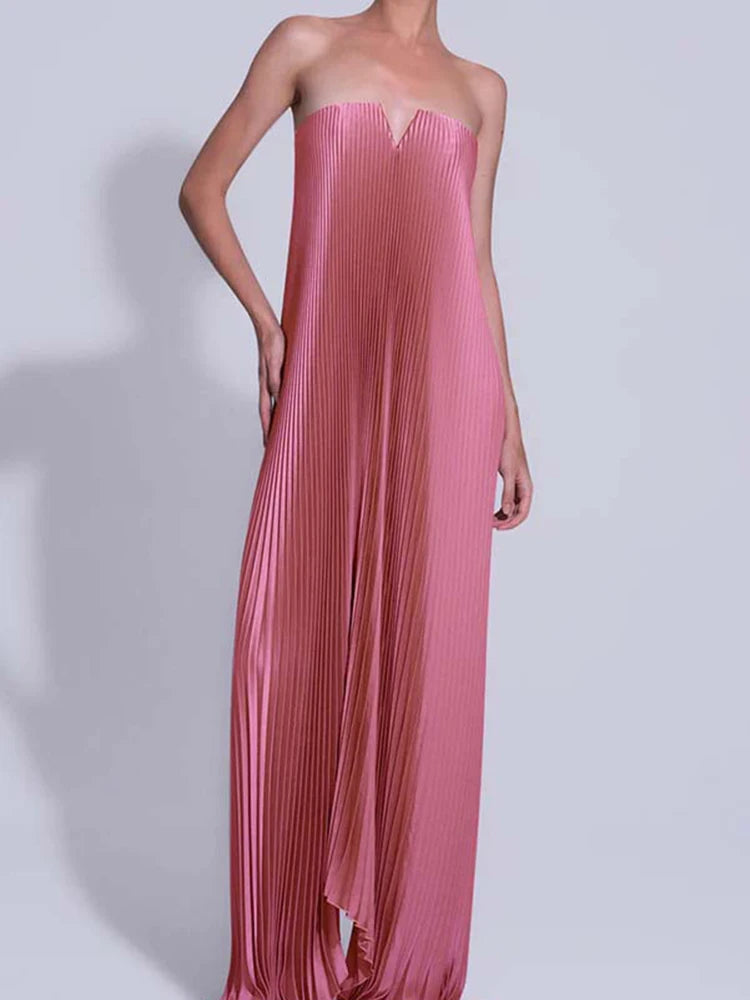 Elegant High Waisted Fold Long Dress Sexy  Backless Party Floor-length Dress Show Style Sleeveless Chest Wrapping Evening Dress