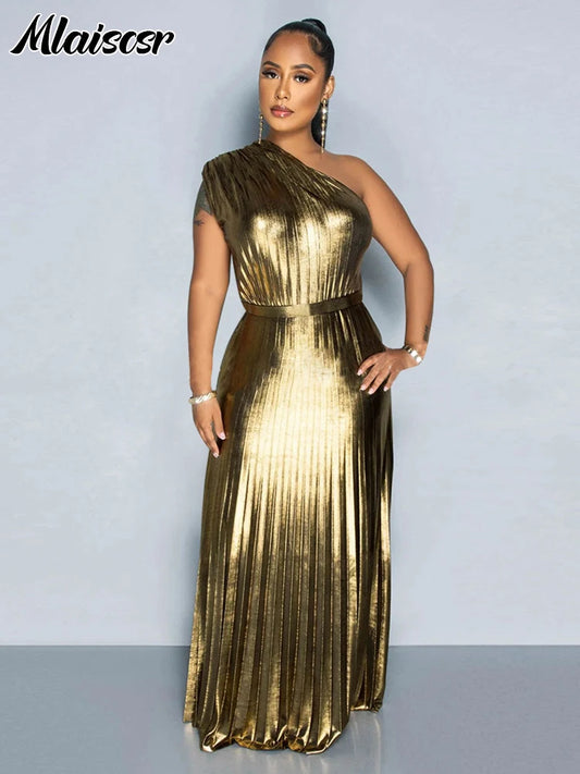 Mlaiscsr Metallic Golden One Shoulder Sleeveless Pleated A-Line Long Dress Elegant Women Luxury Birthday Evening Gowns Vestidos - She Vibess By C2P