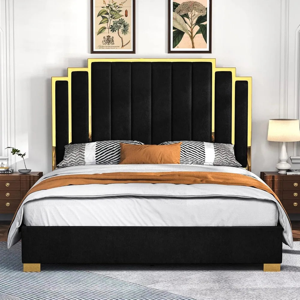 Albott King Size Platform Bed Frame, 65" Velvet Upholstered Bed with Gold Trim Headboard/Wooden Slats/No Box Spring Needed/Black - She Vibess By C2P