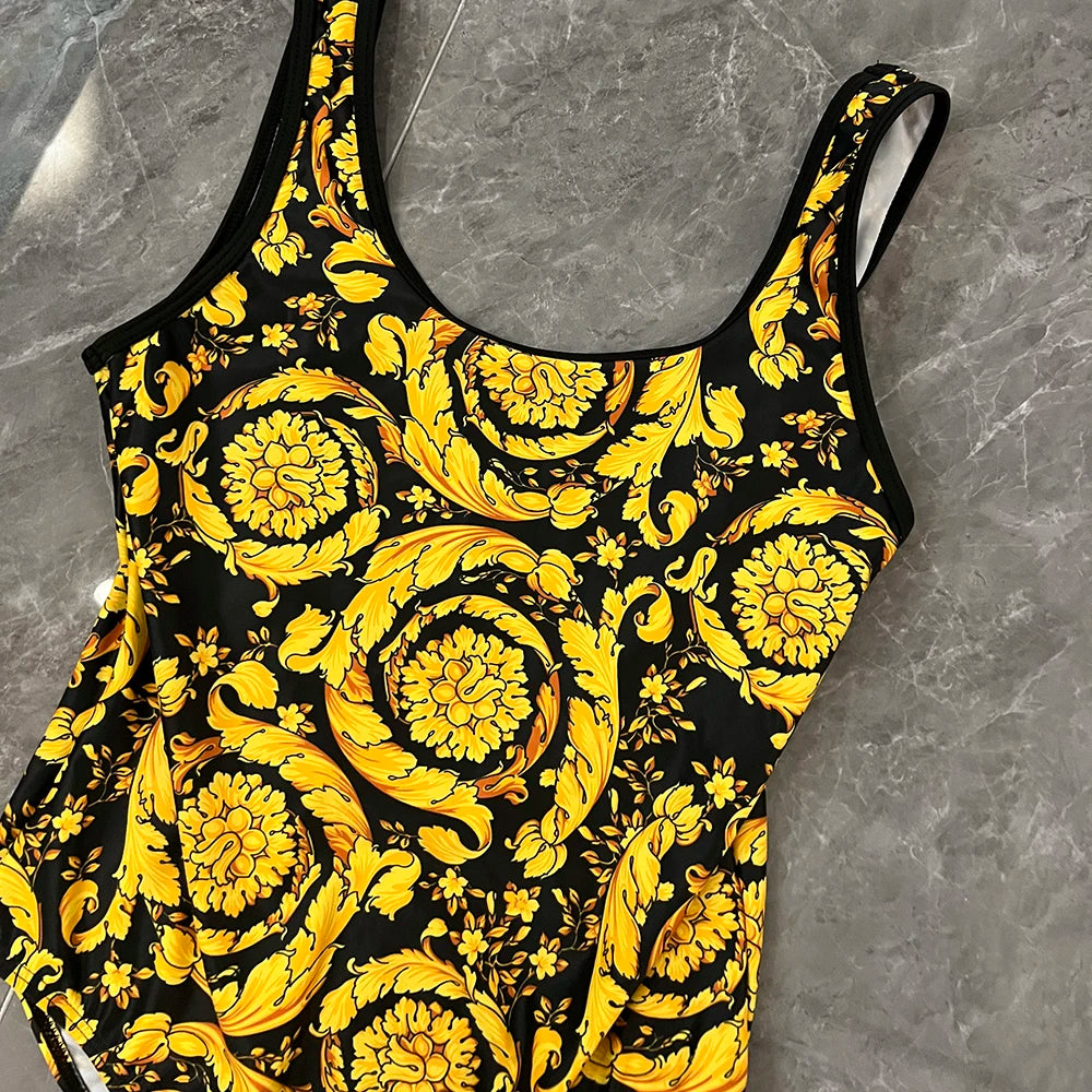 Fashion Design Bikini Sets Women's Gold Flower Pattern Swimsuits Designer Brand Women's Sexy Swimwear Backless Beach Swimsuits - She Vibess By C2P