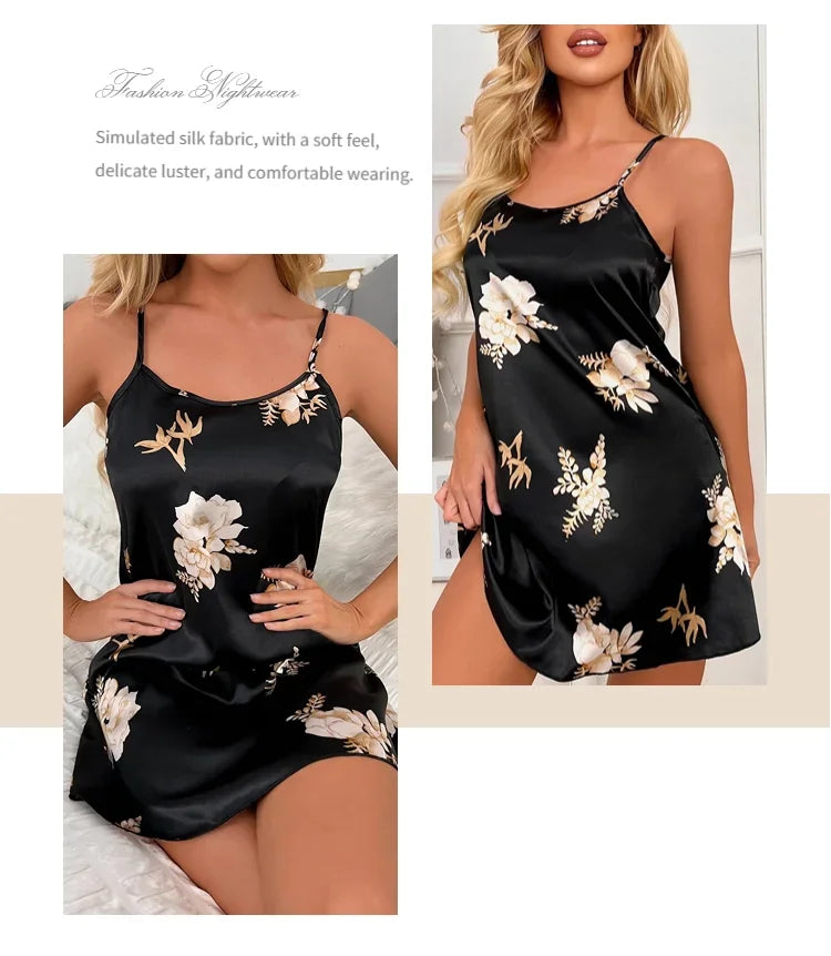 Women Nightwear Home Clothes Sexy Black Floral Printing Nightdress Sleepwear Nightshirts Silk Sleepshirts Nightgowns For Woman - She Vibess By C2P