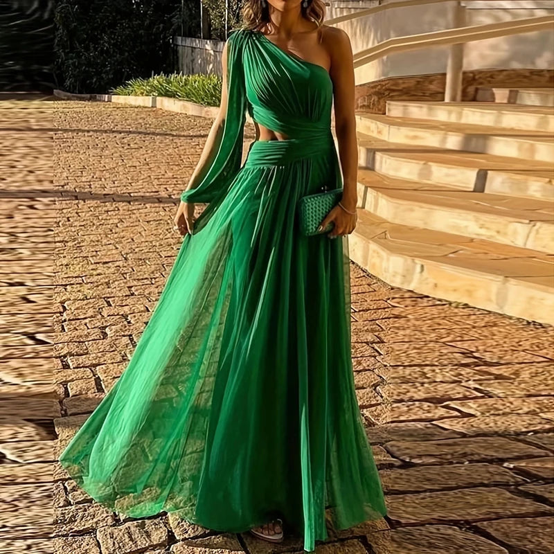 2025 Sexy Diagonal Neck High Waist Mesh Dress Fashion One Shoulder Sleeve Hollow Evening Dress Green Elegant Backless Long Dress - She Vibess By C2P