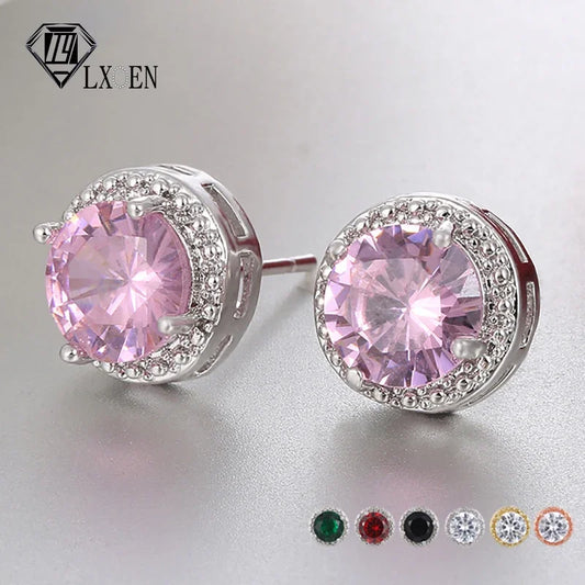 LXOEN Fashion White Clear 8mm Round Cubic Zircon Stud Earrings For Women Wedding Jewelry Trendy Crystal Earrings brinco Gift - She Vibess By C2P