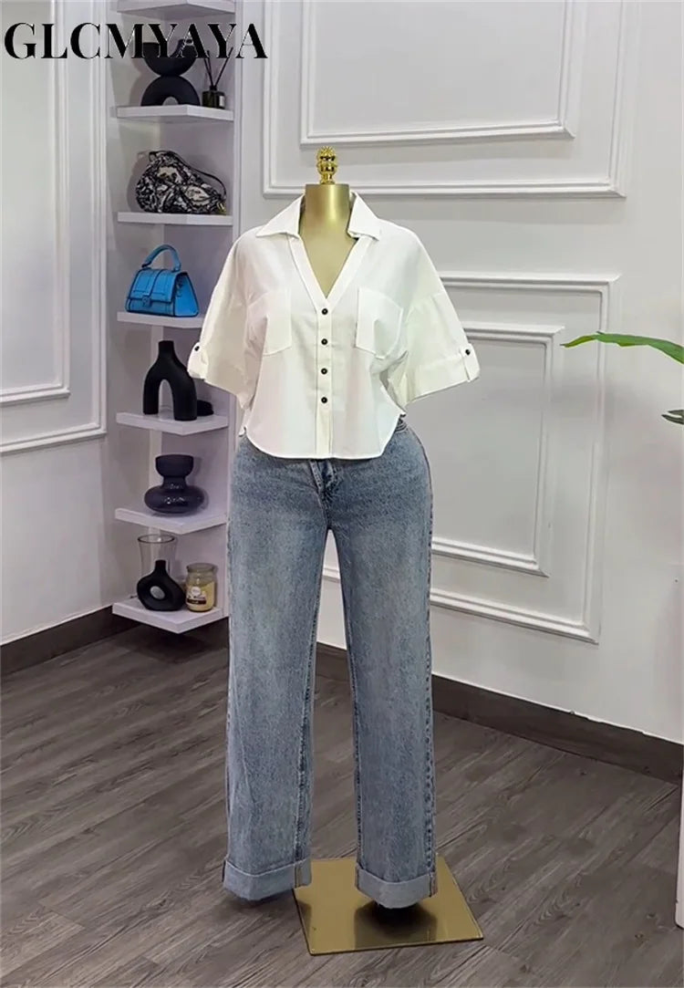 CM.YAYA 2025 Fall Autumn Women Half Sleeve Single Breasted Blouse and Shirt V-neck Pockets Street Casual Loose OL Tops Shirts