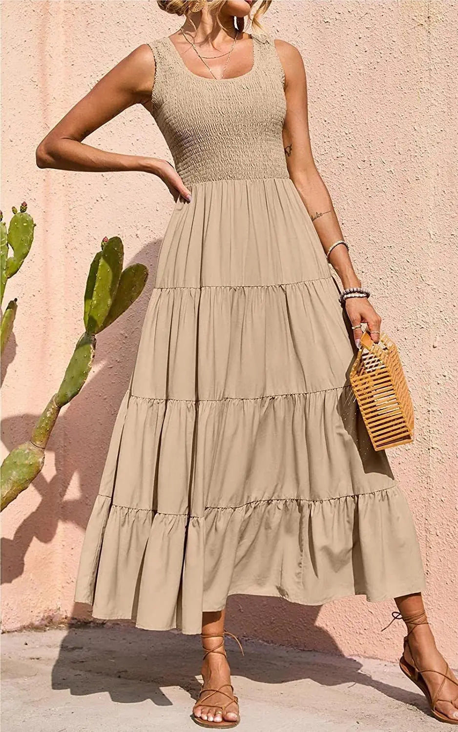 Dresses For Women 2024 Summer Sexy Elegant Sleeveless Floral Solid Color Long Dress Fashion Elastic Waist Beach Party Big Swing - She Vibess By C2P