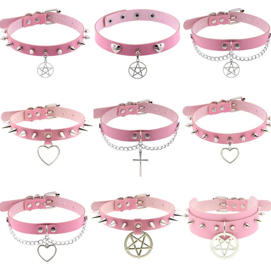 DIEZI Harajuku Pink PU Leather Star Heart Flower Choker Necklace Torques For Women Men Gothic Pink PU Leather -I’m Over 21 - She Vibess By C2P