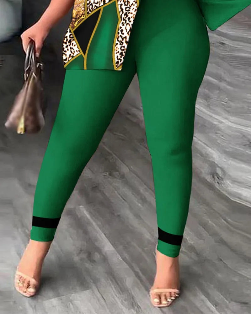 Elegant Women Two Piece Set Suits New Fashion Printed Ruffle Sleeve Top Solid Color Pants Set With Belt Blouses Female Clothing - She Vibess By C2P