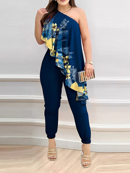 New Pencil Pants Playsuits Women Summer Loungewear Printing Fashion Skew Collar Sleeveless Ruffles Ladies Jumpsuits - She Vibess By C2P