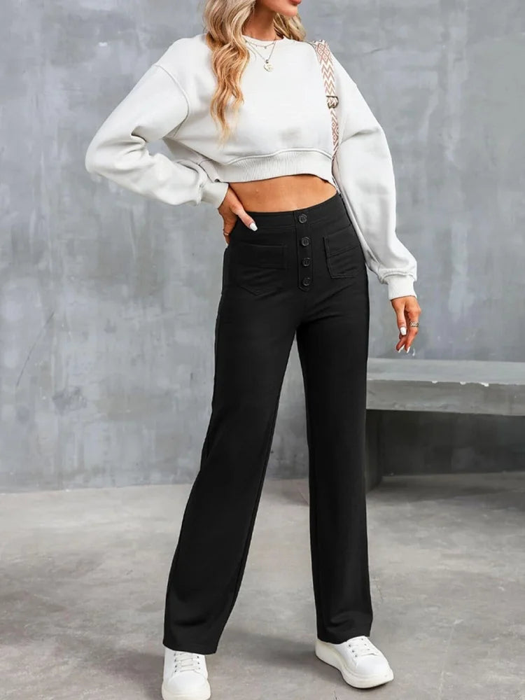 Fashion New Women's Trousers Casual Straight High Waist Button Elastic Daily Office Ladies Multi-Pocket Basic Sweatpants