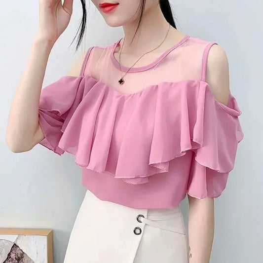 Off Shoulder Sexy Chiffon Blouses Women 2025 Summer Korean Fashion Clothes Ruffles Slim Sweet Ladies Casual Lace Tops Shirts Y2k