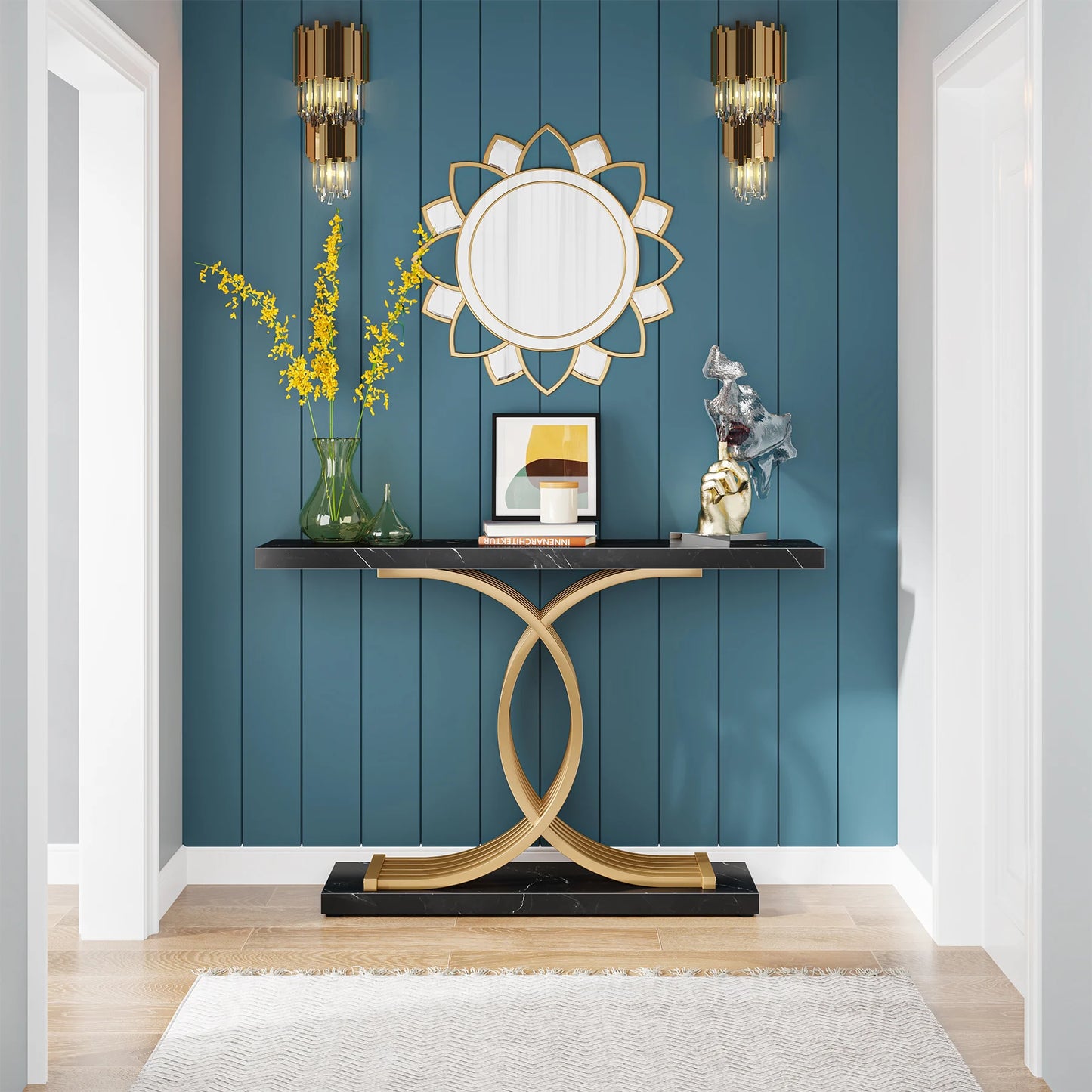 Tribesigns Gold Entryway Table, Modern 39-Inch Console Faux Marble Narrow Wood Sofa with Geometric Metal Legs - She Vibess By C2P