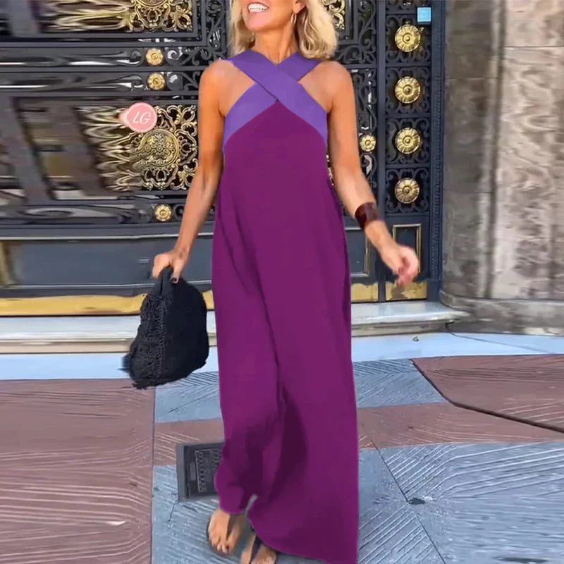 2025 New Summer Women's Halter Color Blocked Long Dress Casual Loose Beach Dress Fashion Off Shoulder Multi-color Holiday Dress