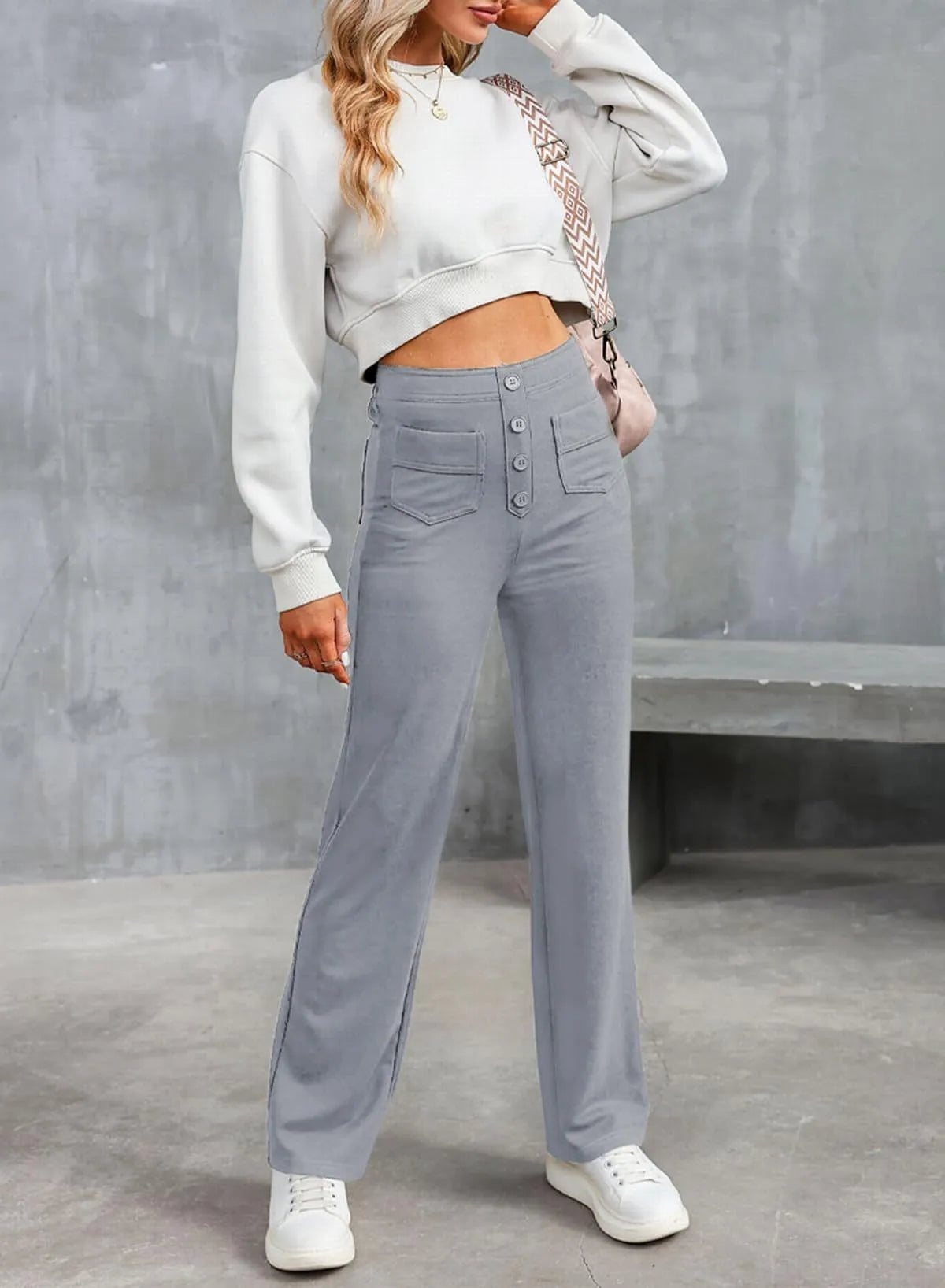 Fashion New Women's Trousers Casual Straight High Waist Button Elastic Daily Office Ladies Multi-Pocket Basic Sweatpants