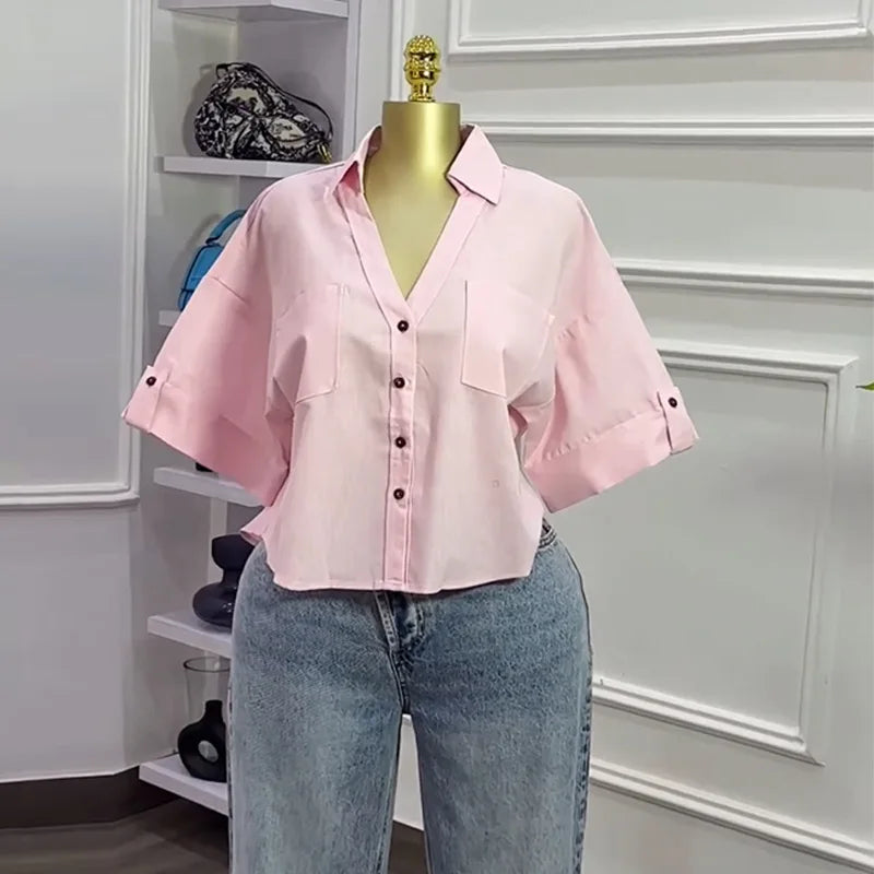 CM.YAYA 2025 Fall Autumn Women Half Sleeve Single Breasted Blouse and Shirt V-neck Pockets Street Casual Loose OL Tops Shirts