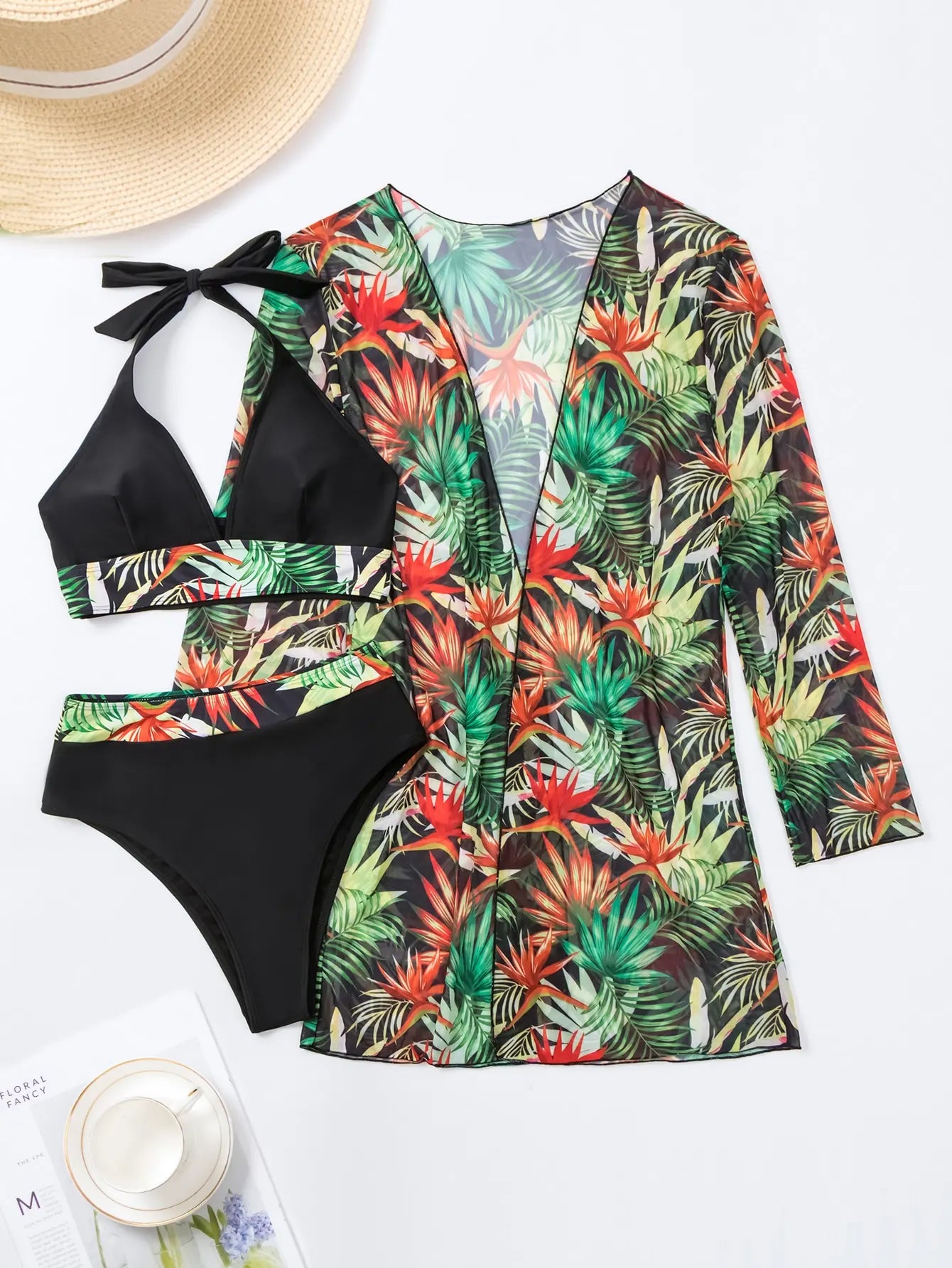 Halter Print Bikini Sets 3PCS Women Swimsuit With Kimono High Waist Swimwear Female Bathers Bathing Swimming Swim Suit Beachwear - She Vibess By C2P