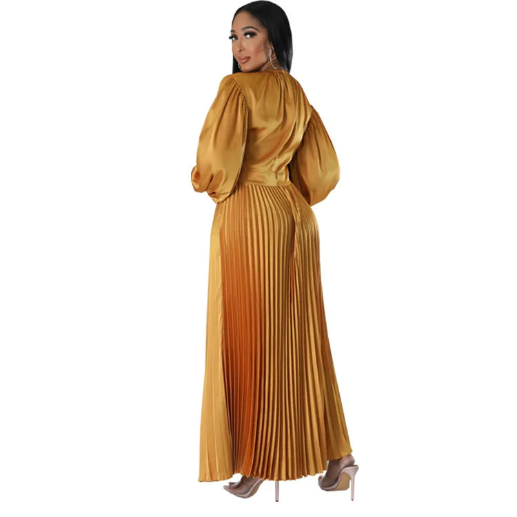 2024 Spring Pleated Loose Fit Maxi Dresses Women Solid Ruched Lantern Sleeve Party Evening Wedding Long Dress Women - She Vibess By C2P