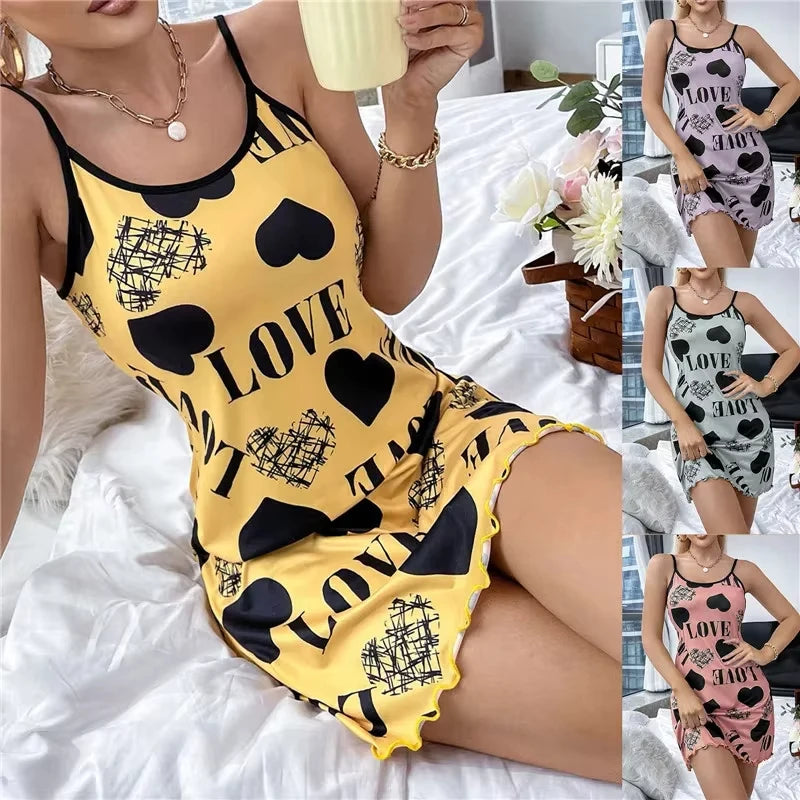 Summer New Women's Nightgown Beauty Back Thin Section Of Home Wear Sexy Halter Short Skirt Love Cartoon Cute Printing Pajamas - She Vibess By C2P