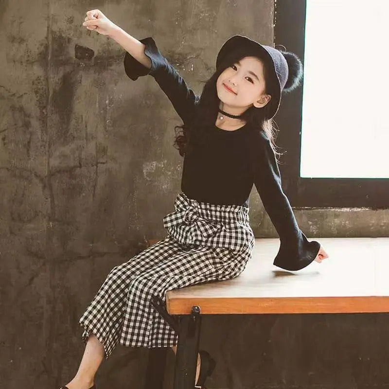 Kids Girls Clothing Sets 2026 Autumn Long Sleeve T-shirts + Plaid Wide Leg Pants 2PCS Children's Clothes Teen 6 8 10 12 14 Years