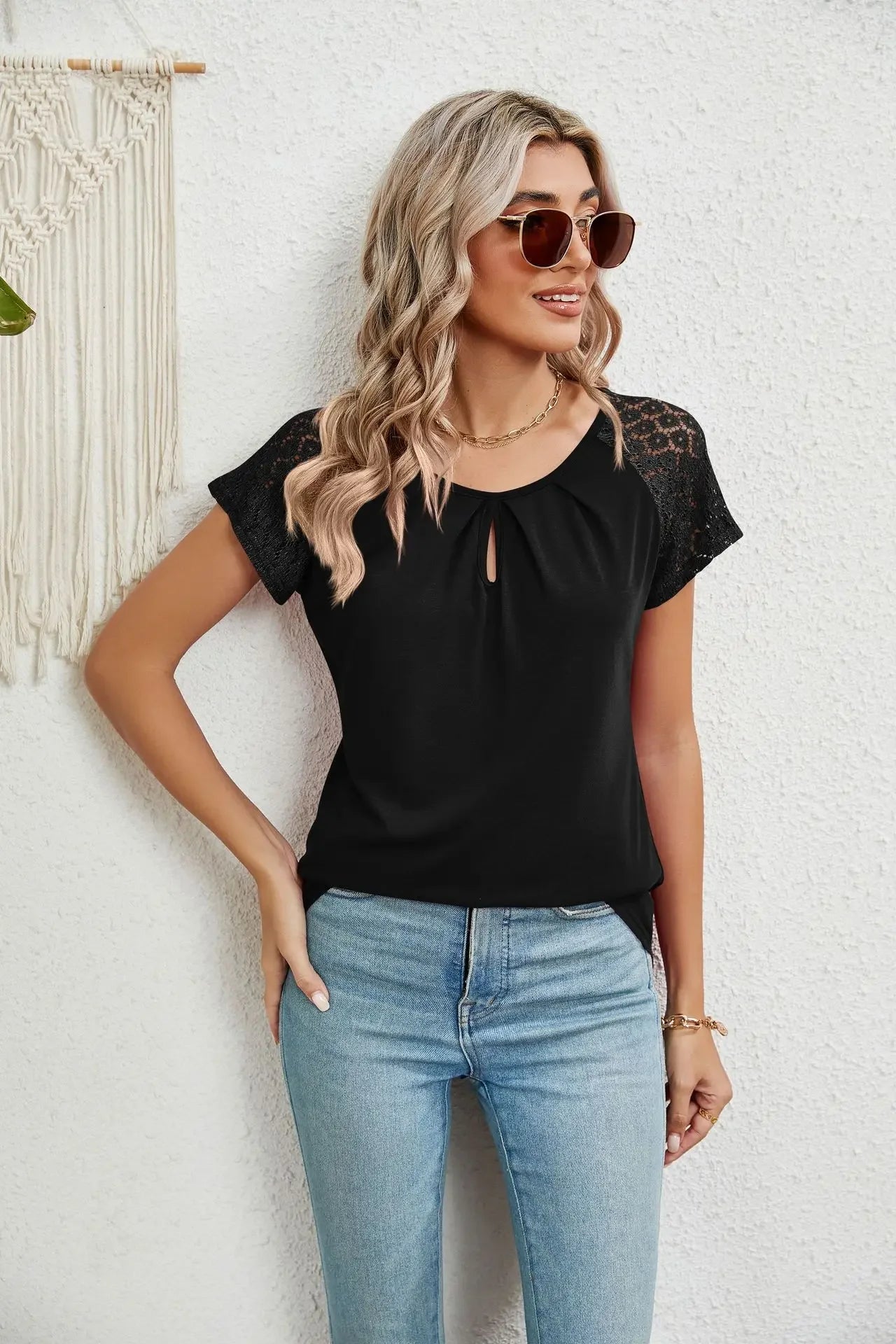 2025 New Women Summer Top Solid Round Neck Lace Patchwork Short Sleeved T-shirt Top Casual Tops Unique Tees Women's Clothing - She Vibess By C2P