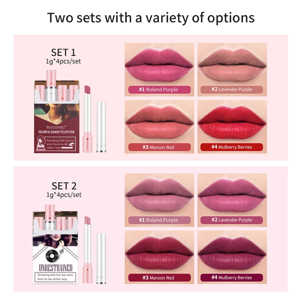 4 pcs/set Cigarette Lipstick Set Long Lasting Lip Glaze Matte Lip Gloss Waterproof Lip Stick Tube Nude Lip Tint Makeup Cosmetics - She Vibess By C2P
