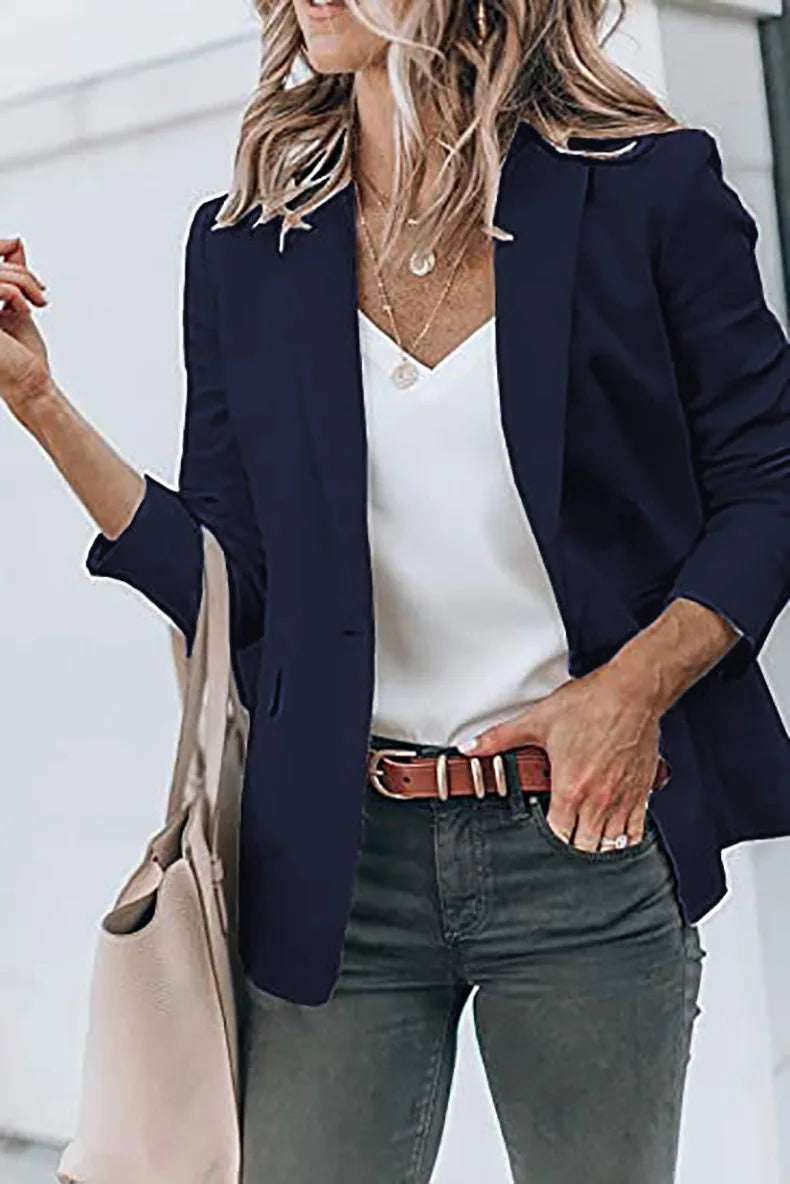 New Temperament Coat Women's Long Sleeve Solid Color Suit Collar Single Breasted Suit - She Vibess By C2P