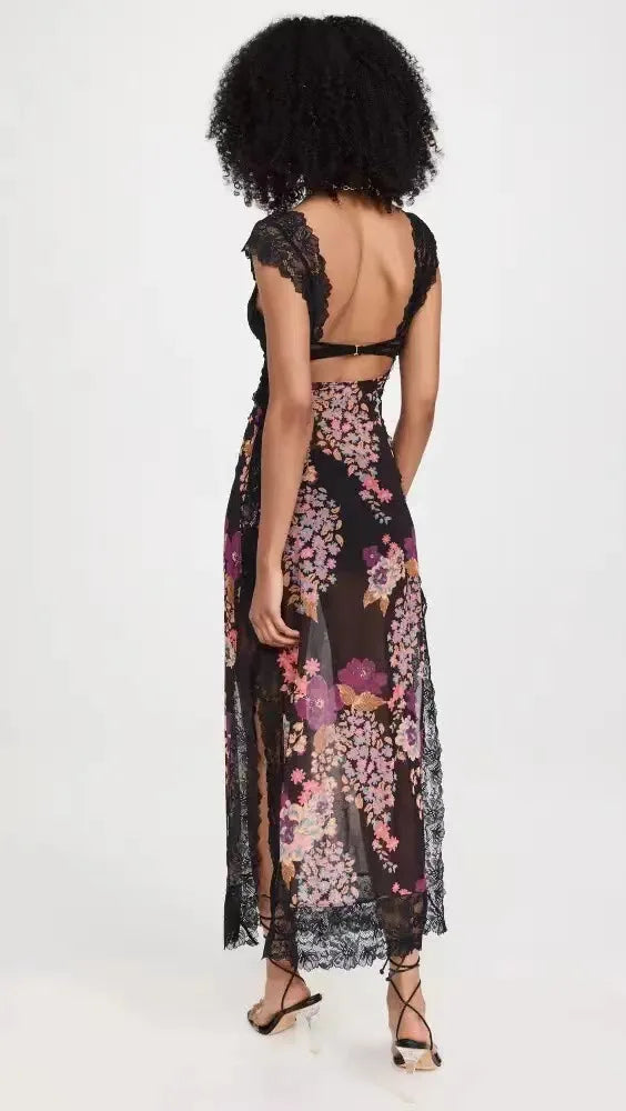Summer New Lace Backless Shoulder Strap Splicing Slit Pattern Long Dress Women's Clothing - She Vibess By C2P