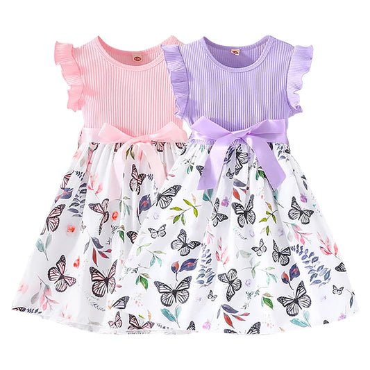 Cute and Comfortable Girls Summer Dress with Butterfly Print and Pitted Stripes Wear Special Occasions Girls Casual Dresses - She Vibess By C2P