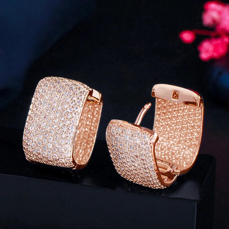 Huitan Full Cubic Zirconia Hoop Earrings for Women Bling Bling Temperament Female Ear Accessories Luxury Bridal Wedding Jewelry - She Vibess By C2P