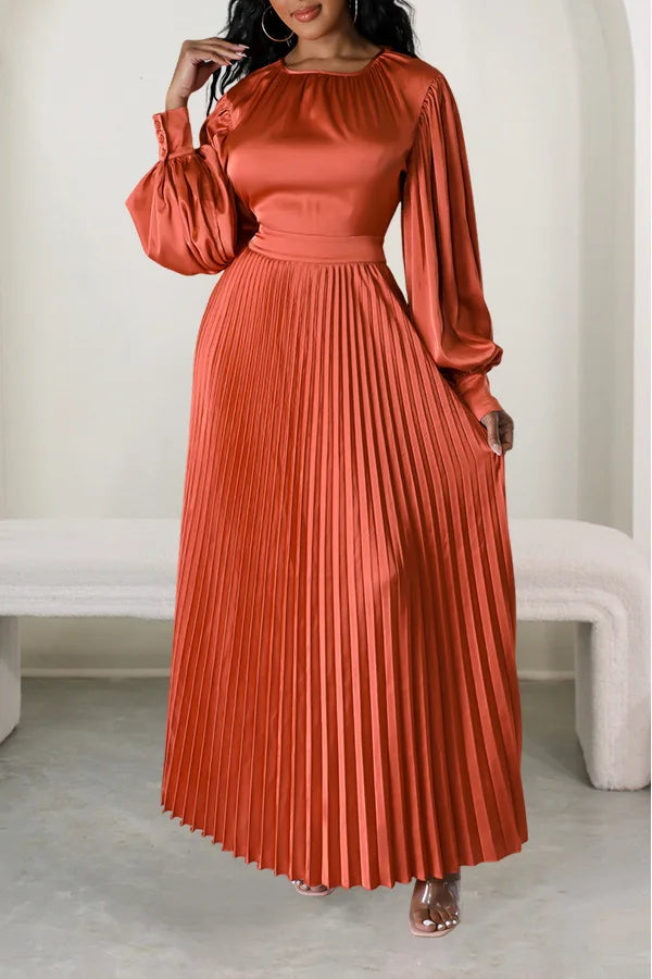 2024 Spring Pleated Loose Fit Maxi Dresses Women Solid Ruched Lantern Sleeve Party Evening Wedding Long Dress Women - She Vibess By C2P