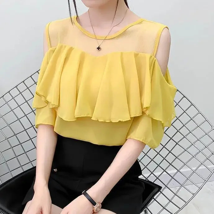 Off Shoulder Sexy Chiffon Blouses Women 2025 Summer Korean Fashion Clothes Ruffles Slim Sweet Ladies Casual Lace Tops Shirts Y2k