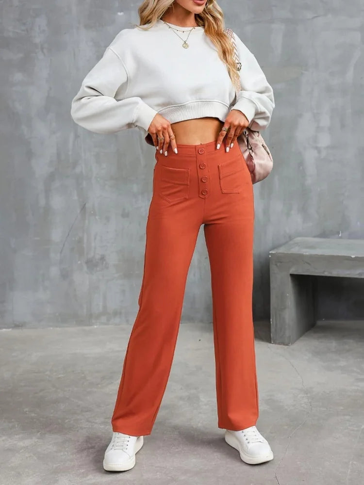 Fashion New Women's Trousers Casual Straight High Waist Button Elastic Daily Office Ladies Multi-Pocket Basic Sweatpants