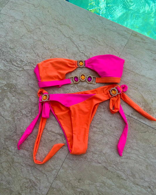 2024 Sexy Rhinestones Brazilian Bikini Woman Swimsuits Crystal Swimwear Bandeau Bikini Thong Biquini Swim Suits Beachwear - She Vibess By C2P