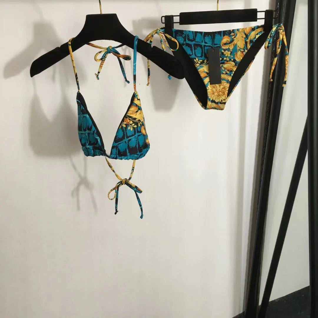 Fashion Design Bikini Sets Women's Gold Flower Pattern Swimsuits Designer Brand Women's Sexy Swimwear Backless Beach Swimsuits - She Vibess By C2P